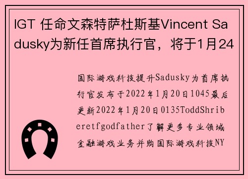 IGT 任命文森特萨杜斯基Vincent Sadusky为新任首席执行官，将于1月24日上任。